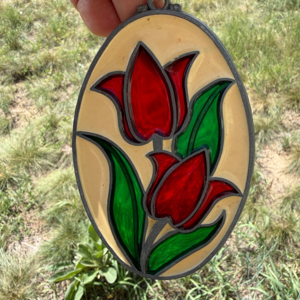 Vintage Oval Stained Glass Suncatcher Red Tulip Floral Window Hanging 4.25 Inch